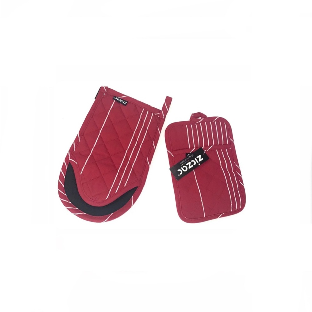 Tiseco Ziczac Oven Mitt and Pot Holder  SET - Red White Stripe
